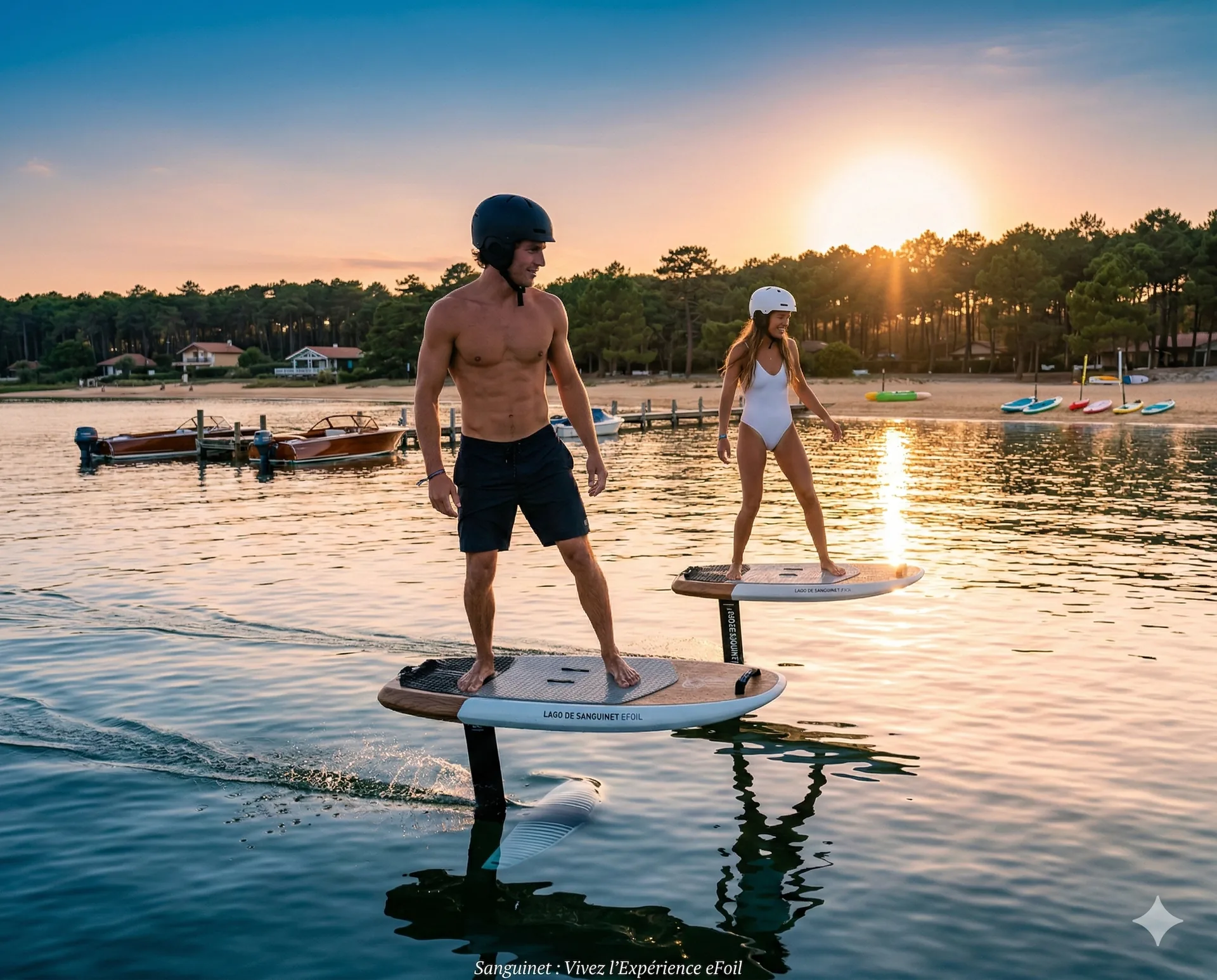 Couple en eFoil au coucher de soleil près du Bassin d'Arcachon, lac de Sanguinet-Cazaux