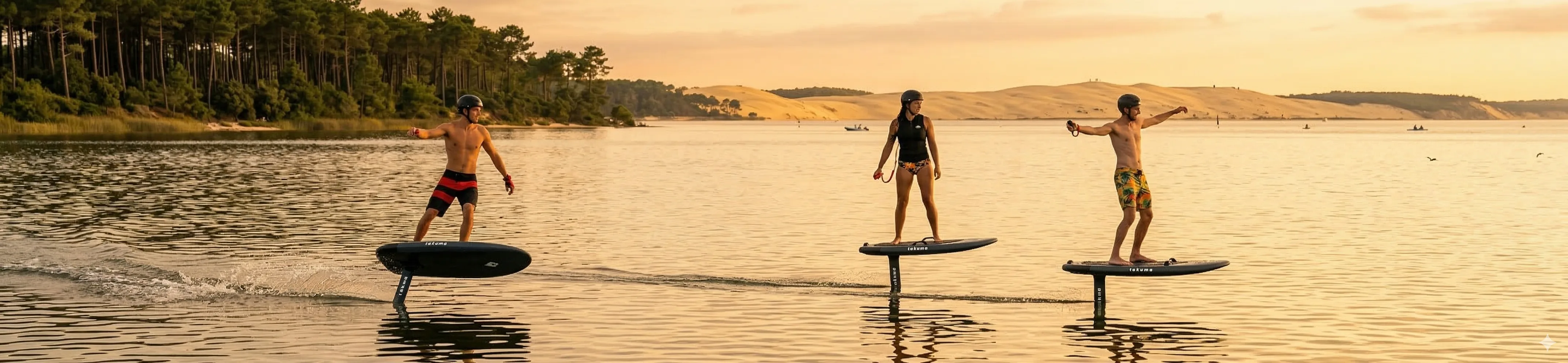 Session eFoil entre amis au coucher de soleil sur le lac de Cazaux-Sanguinet, près de Bordeaux et du Bassin d'Arcachon